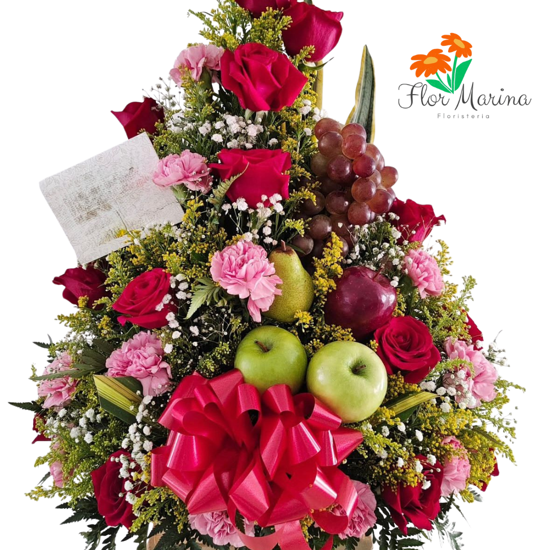Arreglo Con Rosas Y Frutas Frescas, Festín Floral