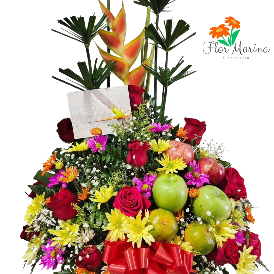 Arreglo Con Rosas Heliconias Y Frutas Frescas, Frutos Del Edén